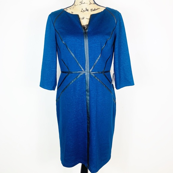 Adrianna Papell Dresses & Skirts - Adrianna Papell Blue + Leather Trim Sheath Dress